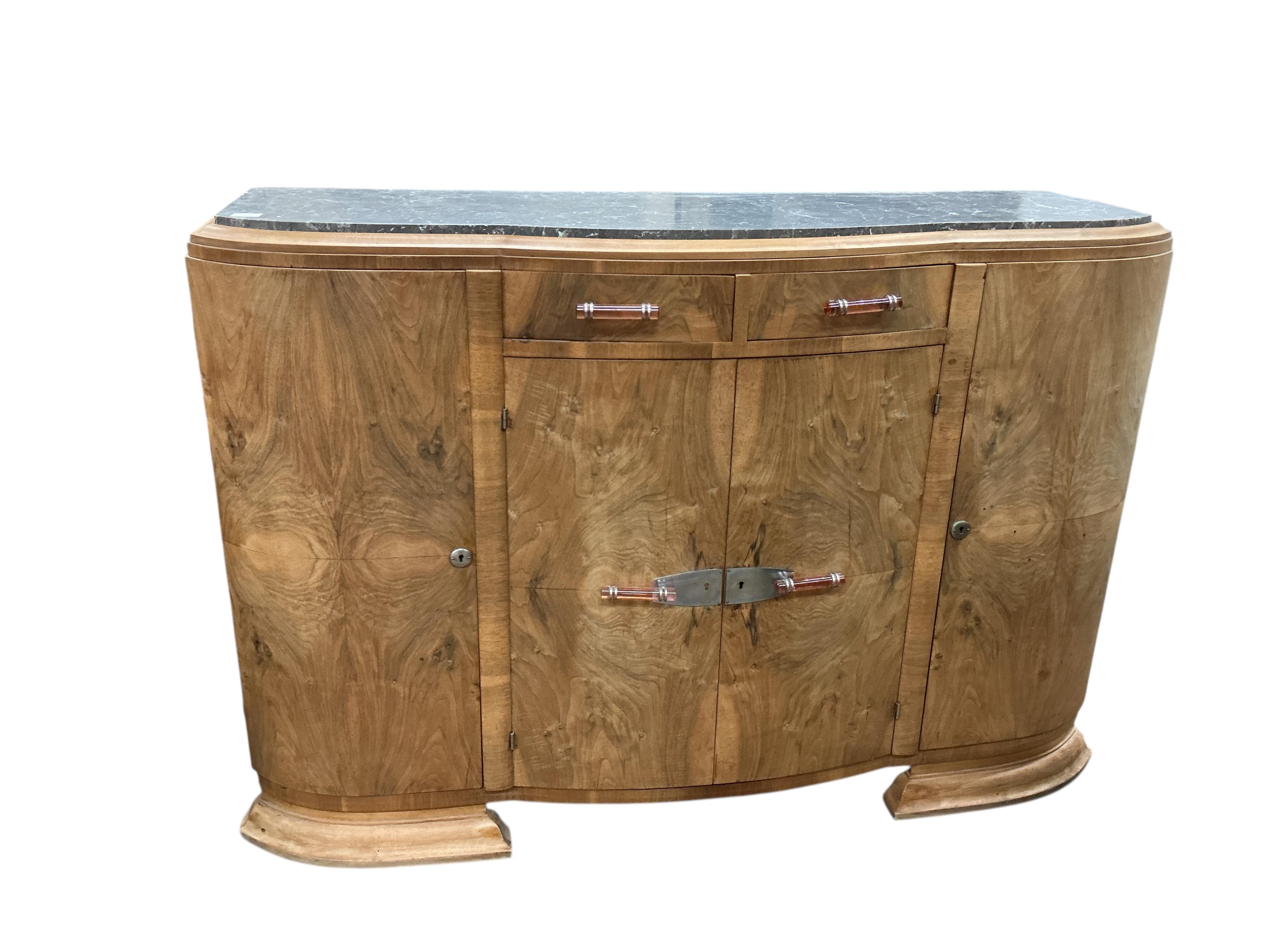 An Art Deco walnut marble topped bow front sideboard, width 158cm, depth 50cm, height 110cm